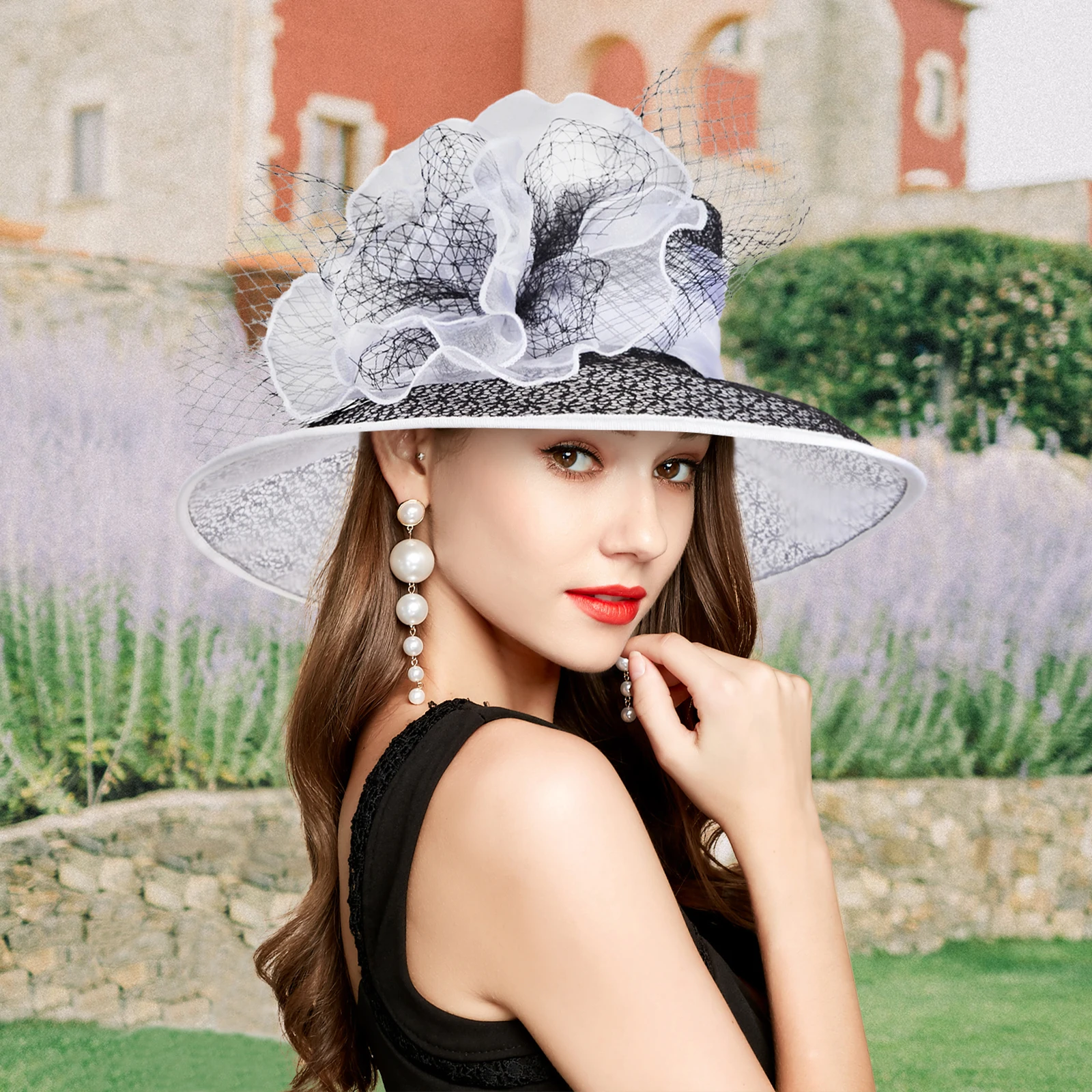 Lace Organza Church Hat Women Elegant Sun Hats Fascinator Hat With Headbands Hairpin Luxury Designer Brand Wedding Ceremony 4215