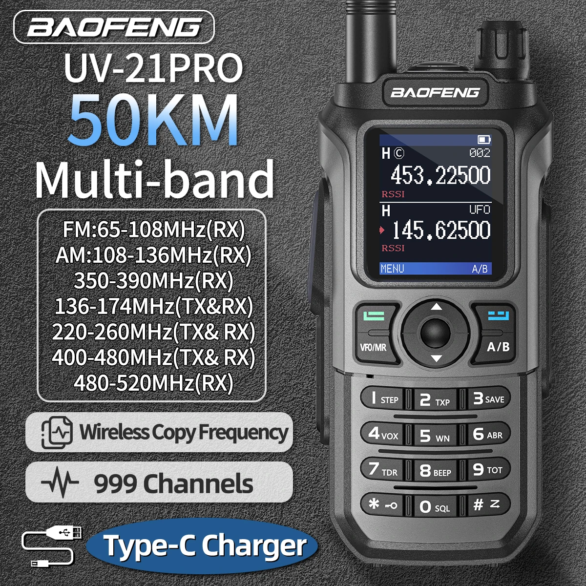Radiotelefon Baofeng UV-21 Pro z funkcją bezprzewodowego kopiowania częstotliwości, dalekiego zasięgu, wielopasmowy, wodoodporny, z portem Type-C, radioamatorskie, UV-21 GPS, mini UV5R