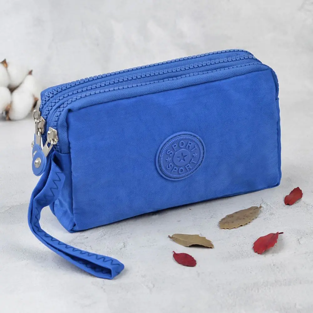 Solid Color Coin Purse Women Small Wallet Wrinkle Fabric Phone Purse Three Zippers Portable Make Up Bag