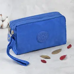 Solid Color Coin Purse Women Small Wallet Wrinkle Fabric Phone Purse Three Zippers Portable Make Up Bag