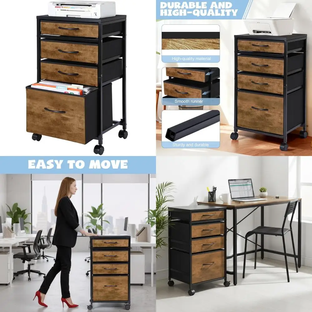 

Brown Metal 4-Drawer Mobile File Cabinet with Fabric Chest for A4/Letter Size Documents, Under Desk Storage for Home Office