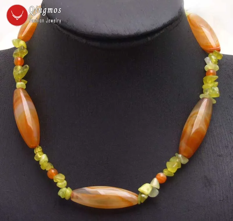 

Qingmos 10*42mm Stripe Natural Orange Olivary Agates Necklace for Women with 7mm Green Baroque Peridot Chokers Necklace 17''