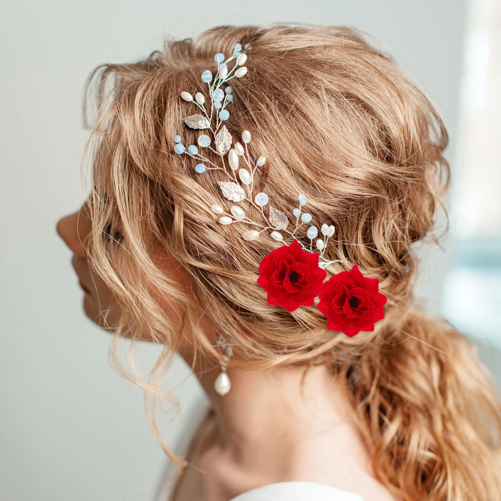 

4pcs Rose Pins For Women Floral Headwear Wedding Bridal Hair Accessories Prom Party Decorative Hair Clips (Red)
