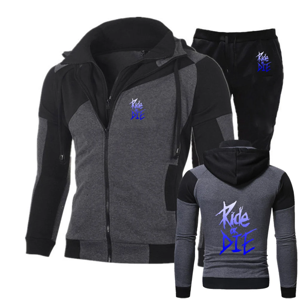 

Ride or die bike Print 2026 Men's New Spring And Autumn Popular Comfortable Diagonal Zipper Hoodies + Sports Pants Suit
