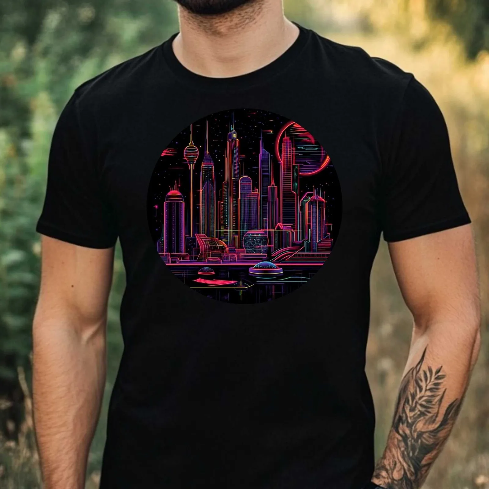 Mens Futuristic City Motif Cotton T-Shirt Size XS to 5XL