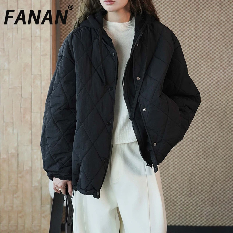 

FANAN, дизайнерские хлопковые пальто с капюшоном, женские толстые теплые свободные куртки на шнурке, одежда в корейском стиле, модная зимняя новинка 2023 г.