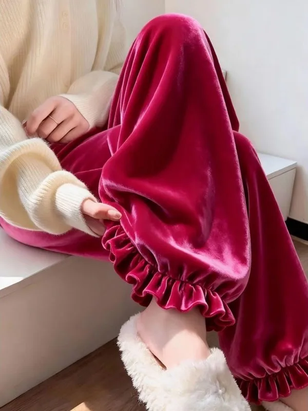 

Женские бархатные брюки больших размеров, осенне-зимние, свободные, прямого кроя, длинные, модные, с отделкой цвета драконьего фрукта