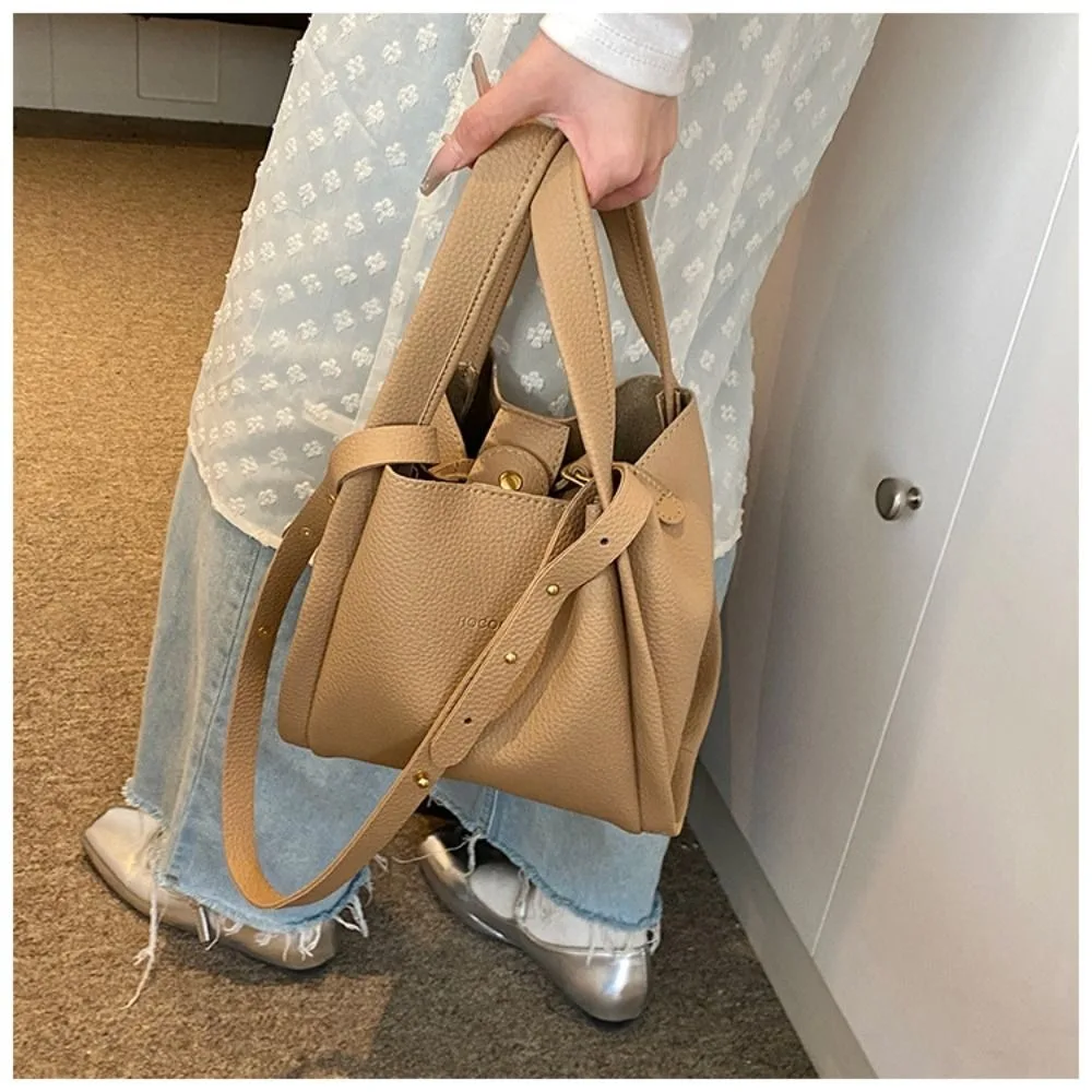 

Solid Color Vintage Basket Bag Large Capacity Korean Style PU Leather Bucket Bag with Inner Bag Women's Tote Bag Crossbody Bag