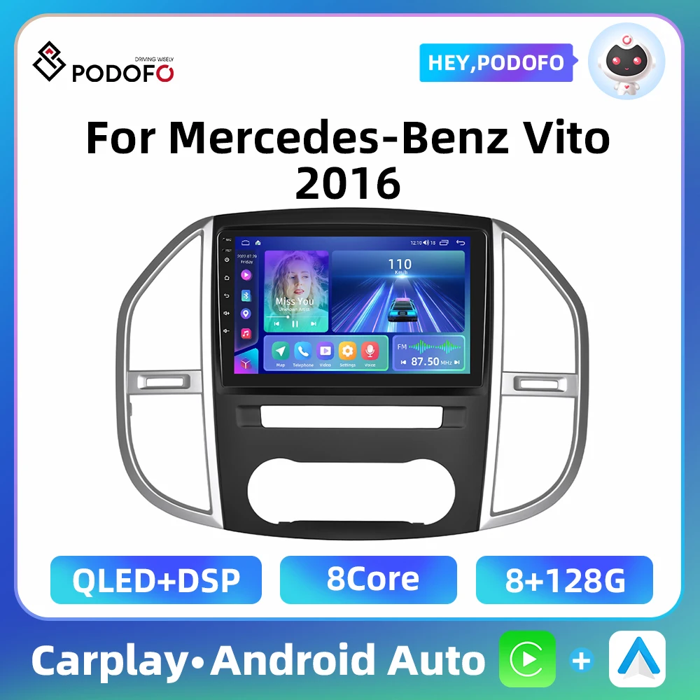 Podofo 2 Din Android Car Radio For Mercedes-Benz Vito 2016 8+128GB DSP Radio GPS Navigation Steering Wheel Remote FM Receiver