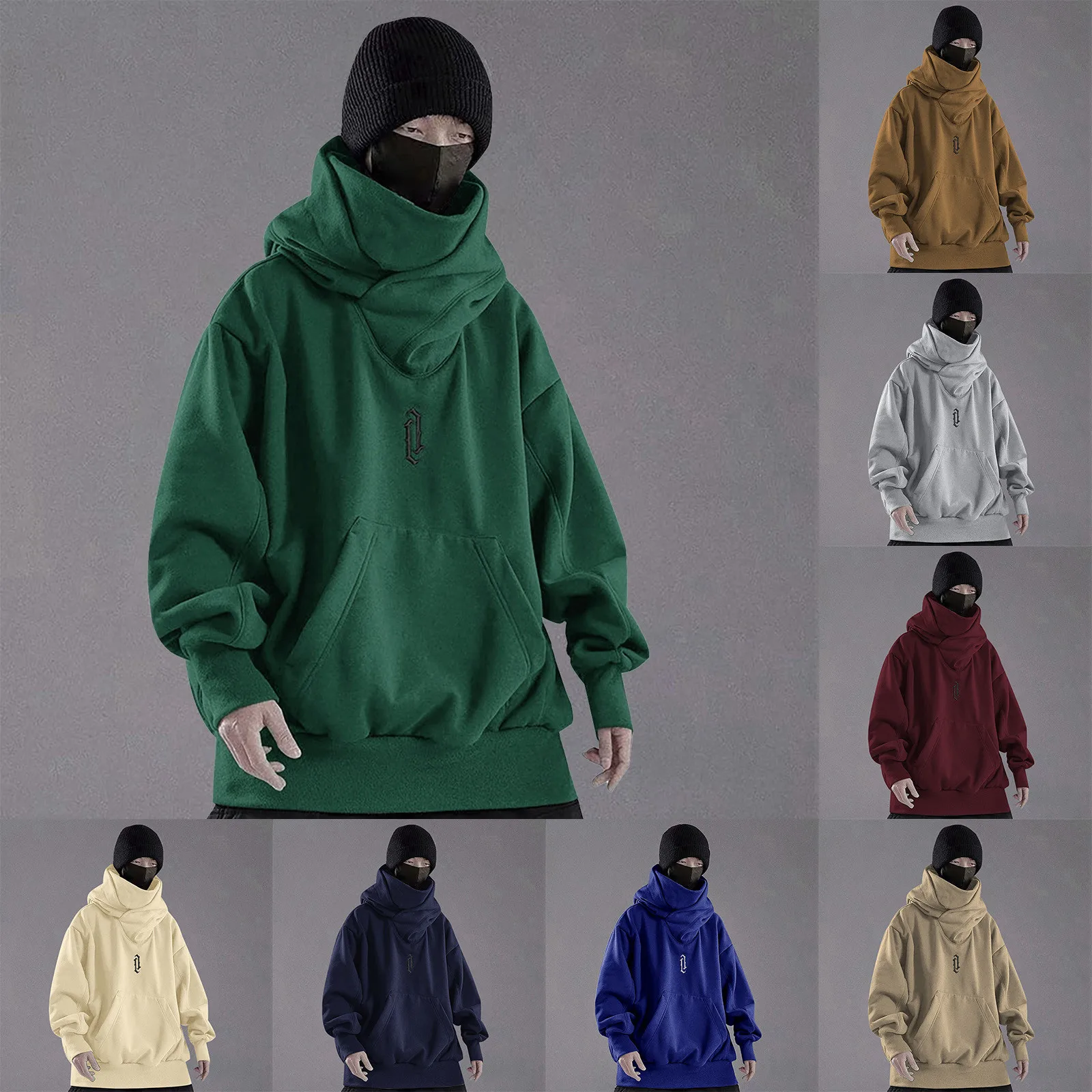 

Embroidery Turtleneck Sweatshirt For Men Japanese Ninja Hoodies Autumn Hip Hop Fleece Pocket Streetwear Oversized Y2K Hoody