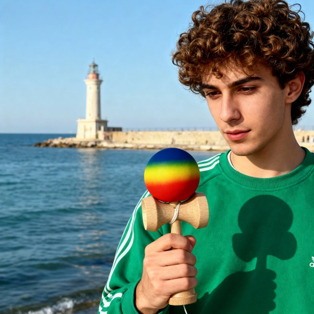 1pc Rainbow Kendama Juggling Ball - Multicolor (Red/Yellow/Green/Brown) with Wood Dowel-Like Stick - Durable Wooden