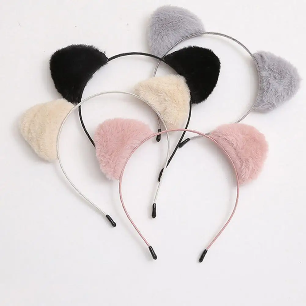 Women Hairband Soft Fluffy Plush Cartoon Kitty Ear Decor Elastic Narrow Brim Anti-slip Regular Fit Head Decoration Hair Hoop 머리띠