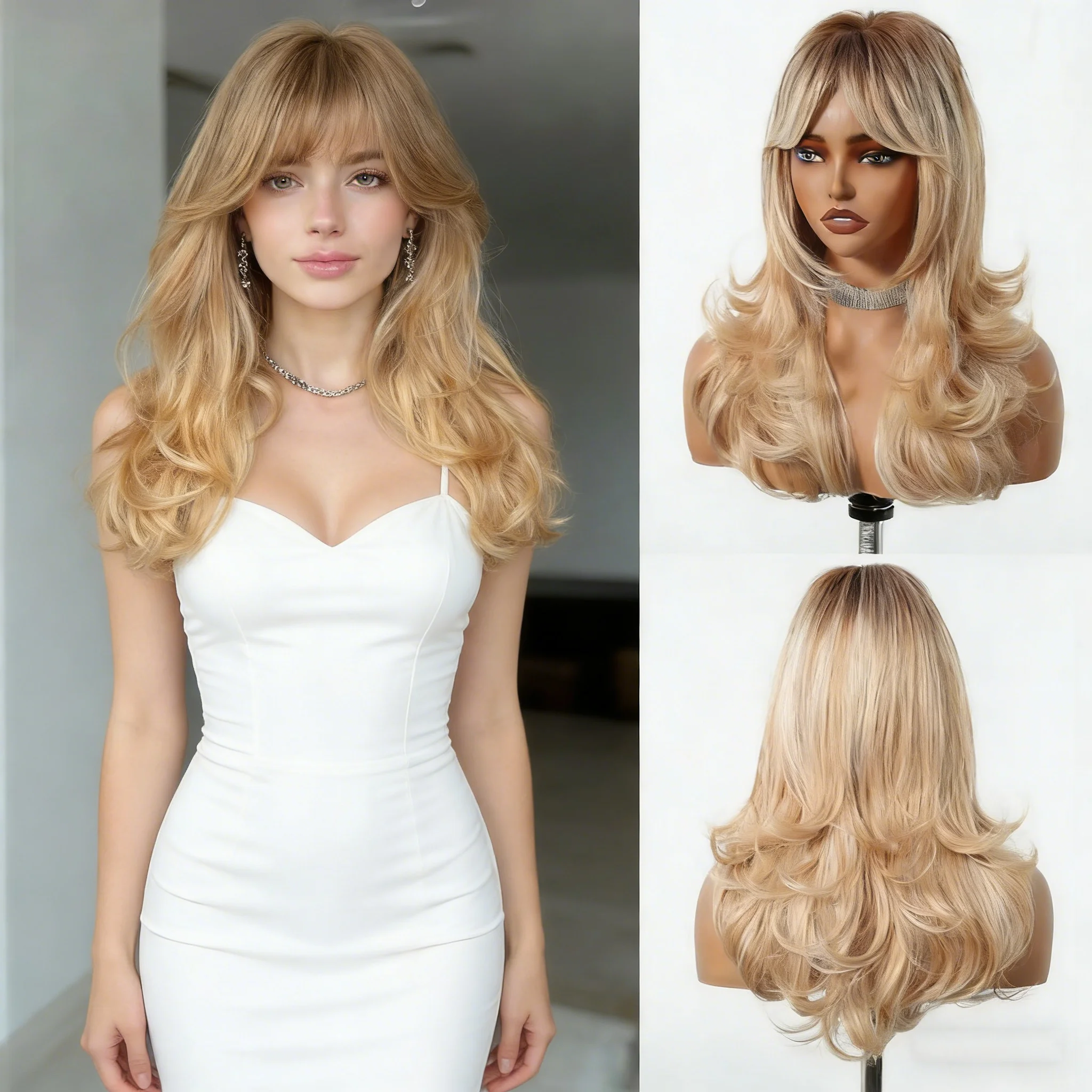 Golden Blonde Mixed Synthetic Wig with Dark Root Wavy Hair Side Bangs Heat Resistant Fiber for Daily Party Cosplay Women