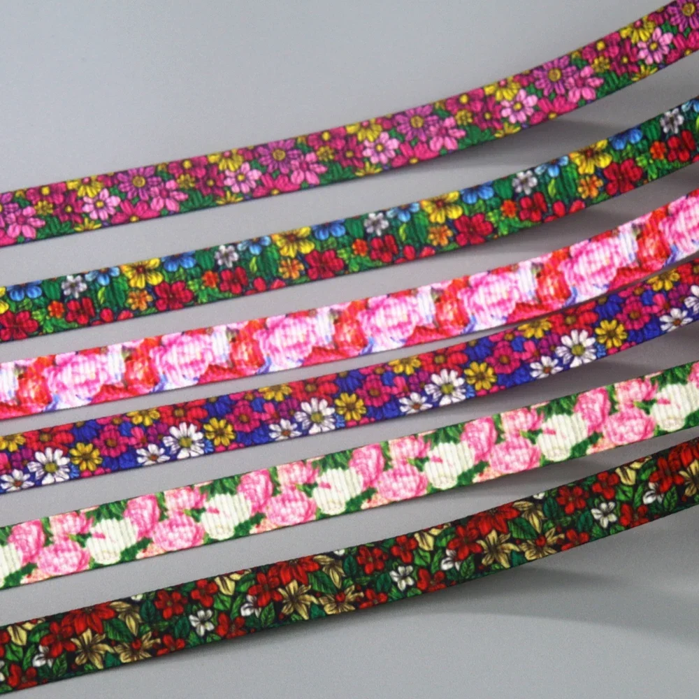 DHK 3/8\'\' 5yards Floral Flowers Printed Grosgrain Ribbon Accessories Material Decoration Collar DIY Sewing Craft C2631