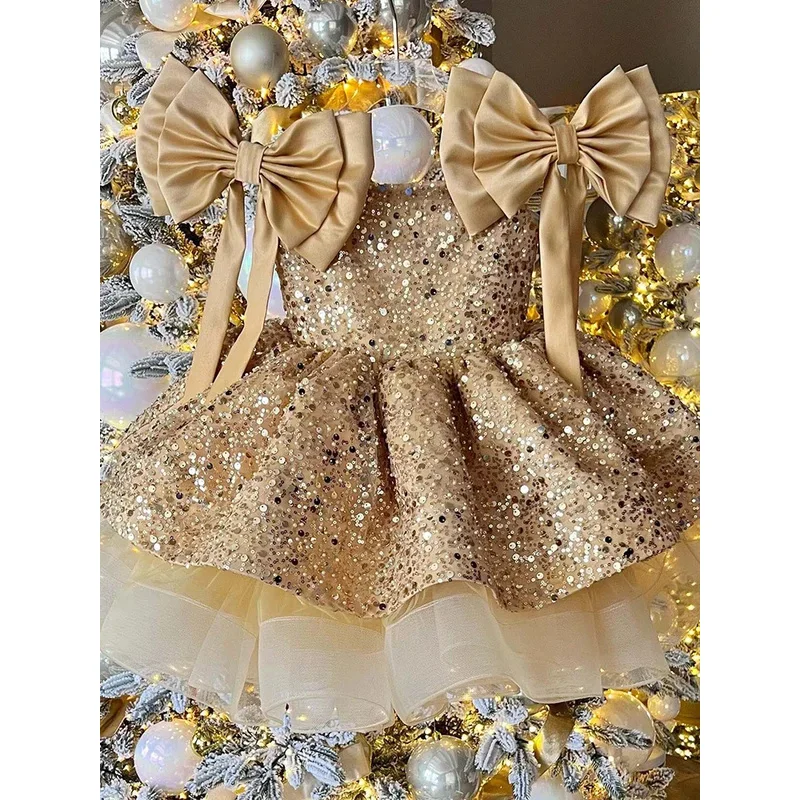 

New Luxurious Child Birthday Party Dress Sparkly Girl Wedding Party Dress Big bow Flower Girl Dress Cute Baby Dress First Gown