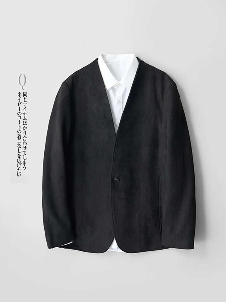 

Fashionable Retro Thick Velvet Men's Jacket Single Button Collarless Business Suit Urban Style Polyester Fabric Spring Autumn