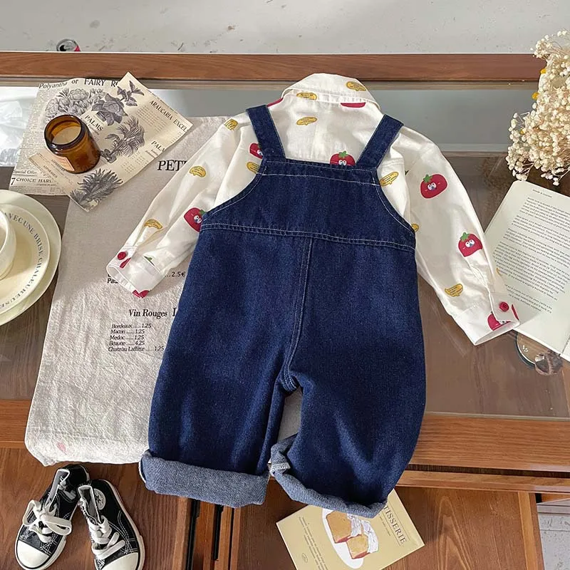 بقعة GoodsQT255326Boy's Suit2025الخريف الطفل الكرتون قميص وزرة الدنيم قطعتين مجموعة