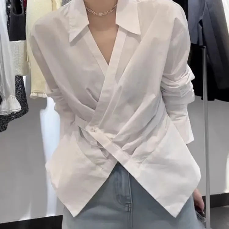 

Gagaok Irregular Blue Striped Shirts Women Autumn 2025 New Top Korean Fashion V-neck Long Sleeve Top Gentle Slim Blusas