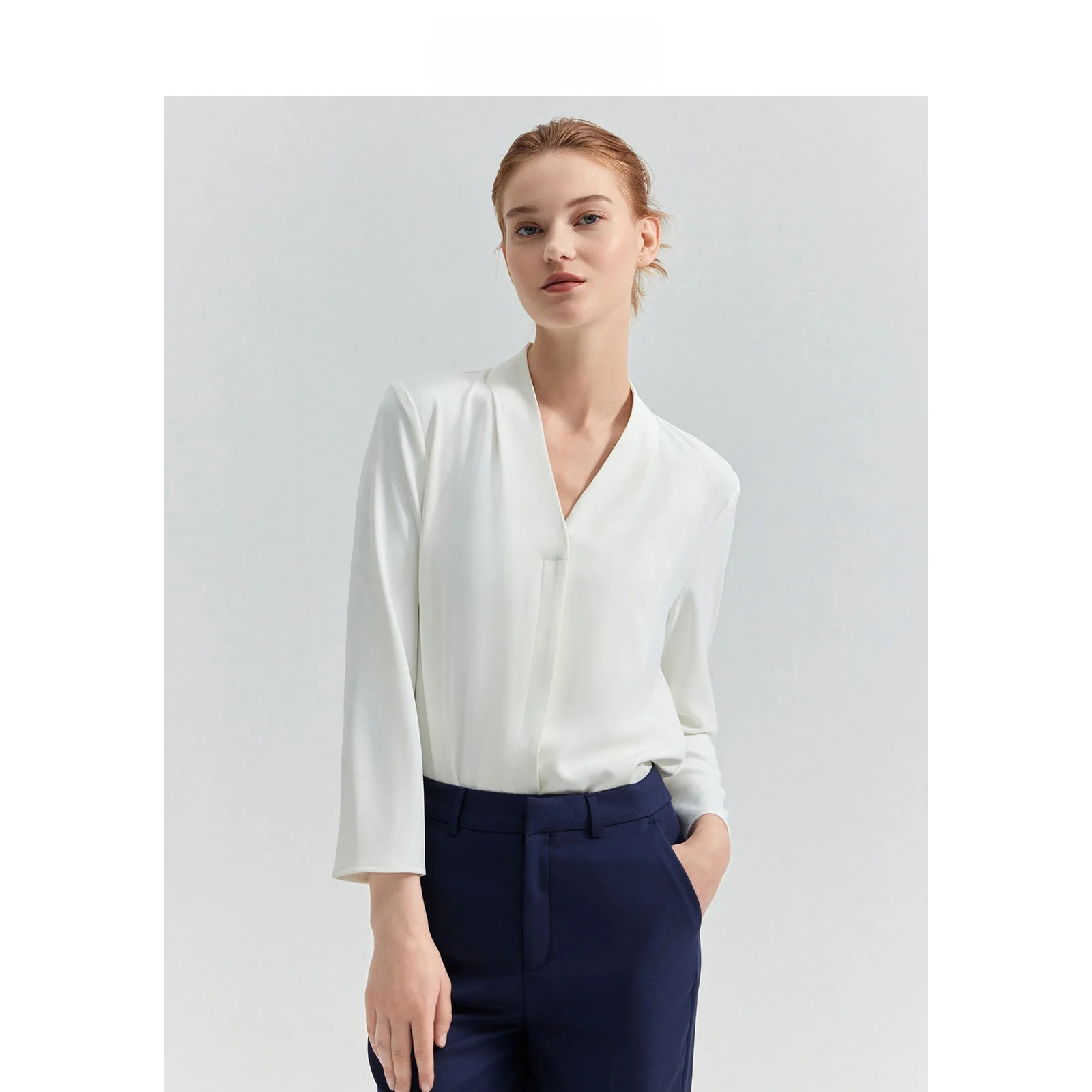 

LeLenth Women's Long Sleeve V-Neck Shirt Professional Commute Interview Suit Inner Shirt Spring Autumn Formal Set White