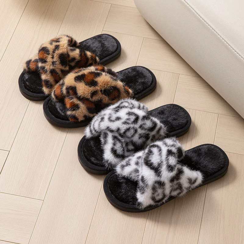 

Женские тапочки-шлепанцы с леопардовым принтом, домашние, весенне-осенние, люксовые дизайнерские, пушистые, мягкие, с открытым носком, для дома