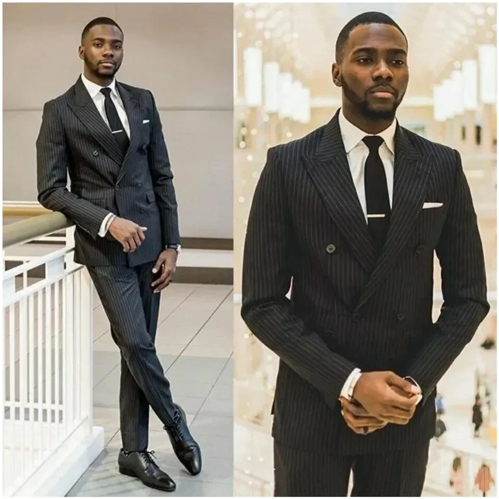 

Black Stripe Men Suits Double Breasted Peaked Blazer BusinessTerno Masculino Groom Tuxedo Wedding Groom Custom Jacket Pants