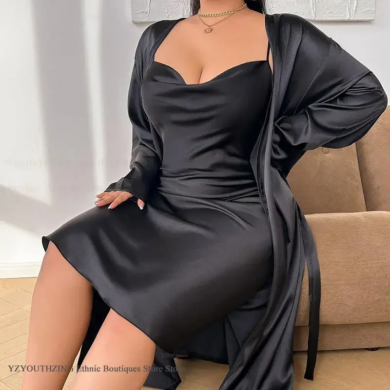 

Женский длинный комплект-двойной халат, ночная рубашка большого размера, пижама, элегантный халат, домашнее платье, сексуальное свободное повседневное платье для сна, одежда для дома