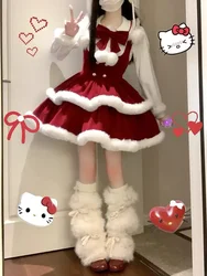 Christmas Lolita New Year Warrior Bowfringe Spliced Shirt Red Back Belt Skirt Puff Skirt Women's Fashion Dress Set