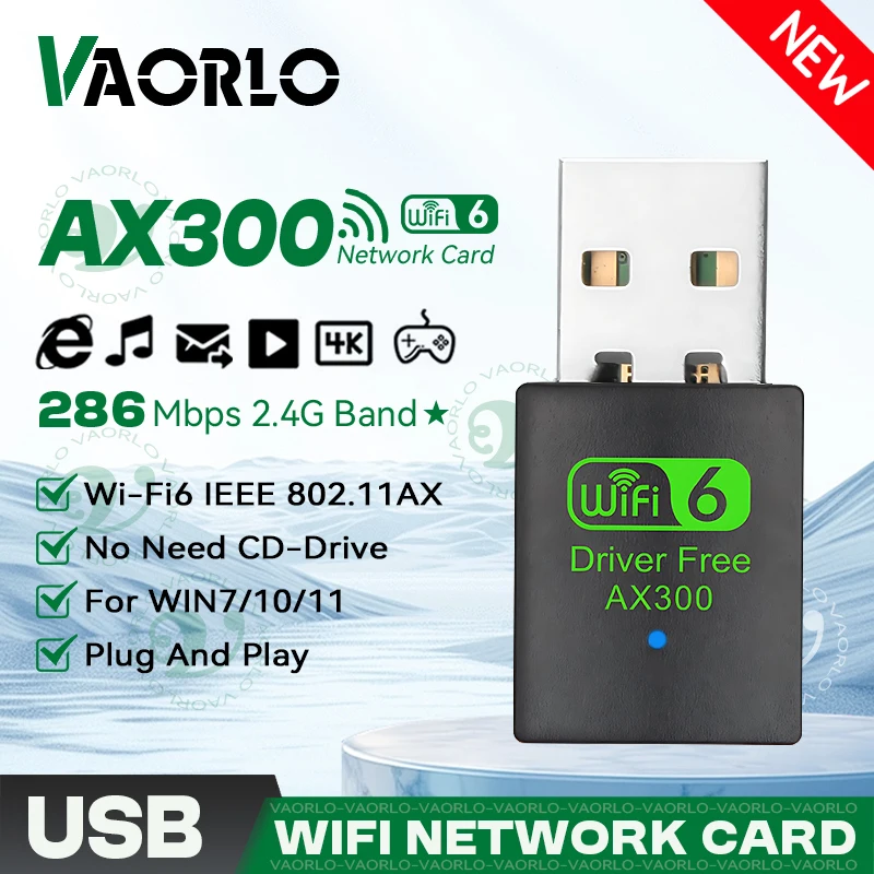 VAORLO WIFI 6 USB Adapter AX300 Network Card Mini USB Dongle 2.4GHz 802.11AX Wireless Dongle Receiver For Win 7/10/11 Drive Free