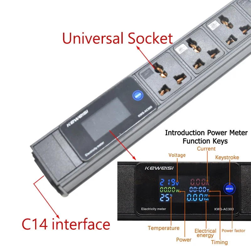 Imagem -02 - Tira de Alimentação Usb 10 11 Tomadas Universais Soquete 2usb Display Voltímetro Amperímetro Medidor de Temperatura Interface C14