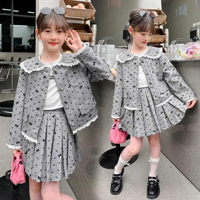 ensemble fille spring teen girl clothes set Lace collar bow jacket+Pleated skirt 2pcs junior kid JK suit child outfits conjuntos