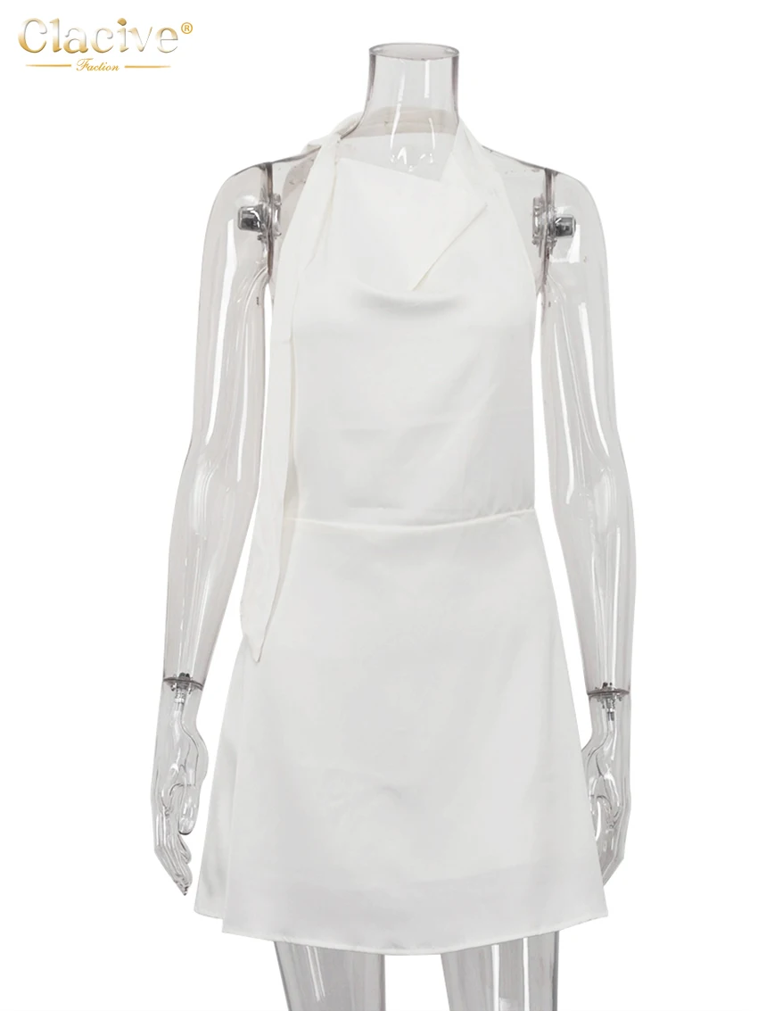 Clacive 여름 슬림 베이지 새틴 여성 드레스 섹시한 홀터넥 민소매 미니 드레스 우아한 레이스 업 높은 허리 백리스 여성 드레스