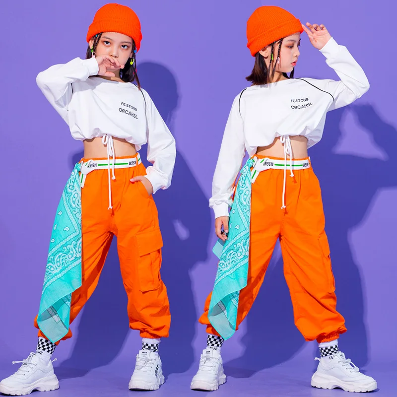 Girl Hip Hop Dance Costume Children White Sweatshirt Top Orange Pants Kids Jazz Street Performance Clothes sets