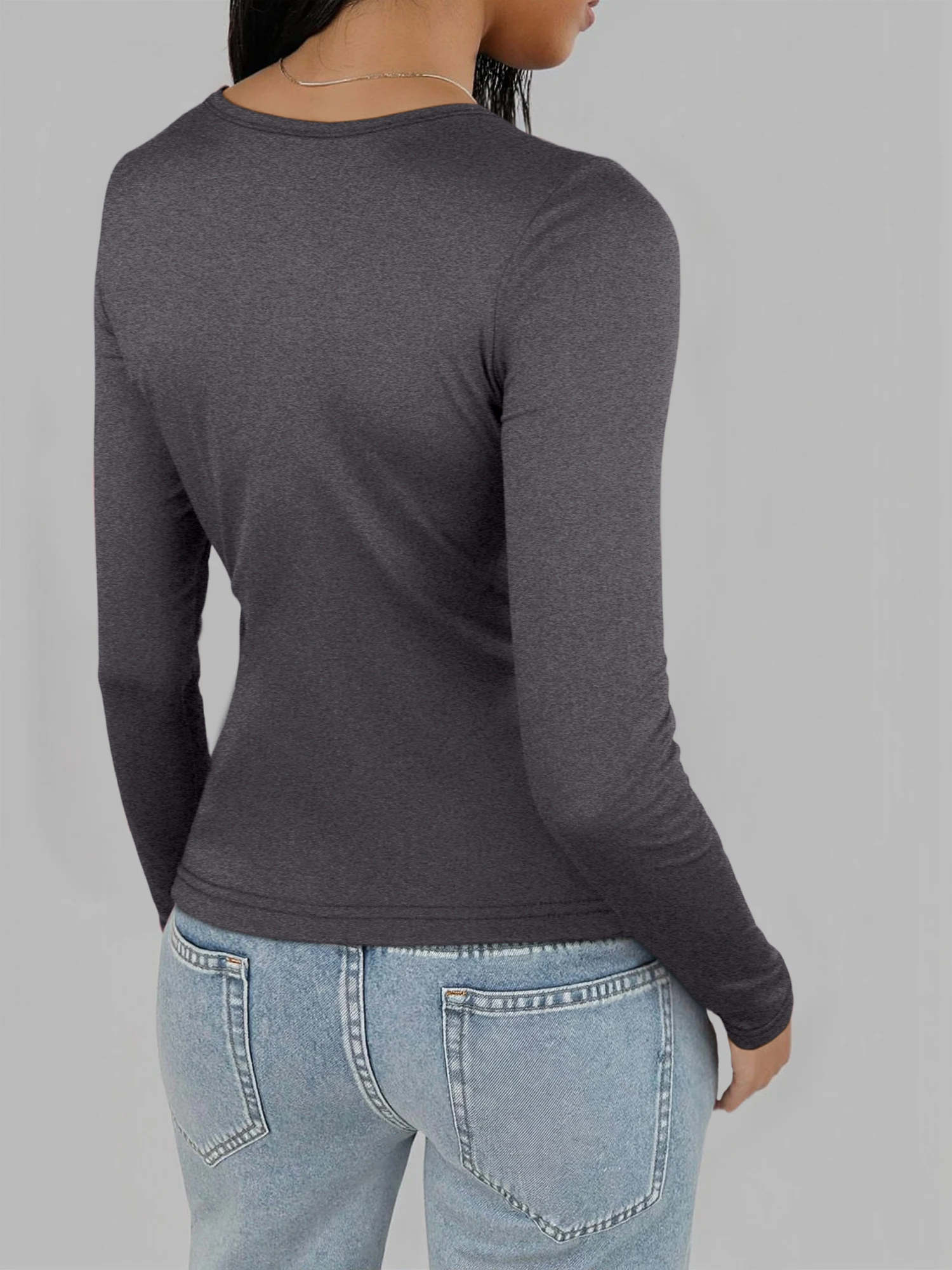 Minimalist U‑Neck Long Sleeve Blouse, Tailored Slim‑Fit Shirt for Office Meeting & City Daily Styling view 3