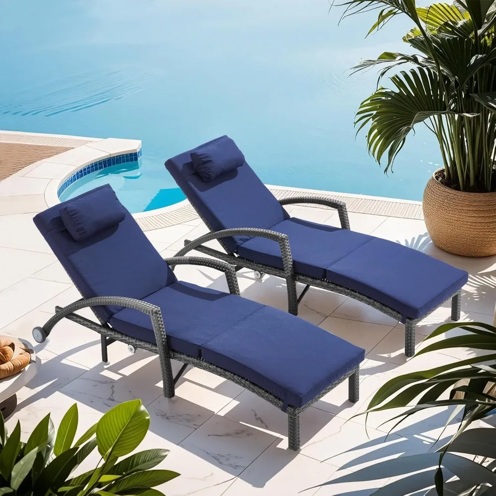 

Outdoor Lounge Chairs Set of 2, Hydraulic Adjustable Outdoor Chaise Lounge with Armrests & Wheels for Poolside, Backyard, Deck-D