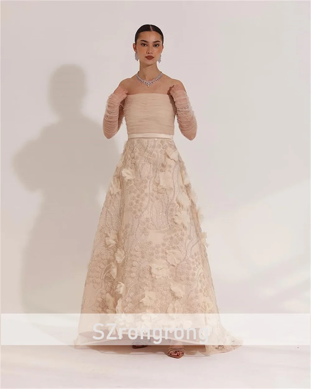 Anmutiges Brautjungfern-Partykleid mit U-Boot-Kragen, Tüll, Blumen-Pailletten, Spitze, A-Linie, bodenlang, Abendkleid mit Schnürung am Rücken, individuell gestaltet