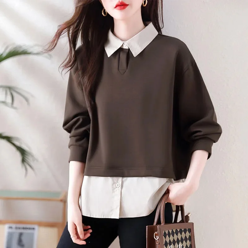 Autumn Female Color Collision Sweatshirt Korean Women Splicing Together Shirt Tops 2024 New Ladies Fake Two Items Sweatershirts