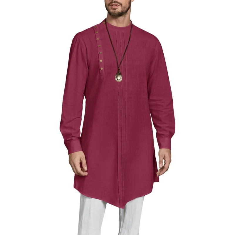 

Mens Kaftan Thobe Long Sleeve Robe Gown Casual Cotton Linen Button Muslim Shirt