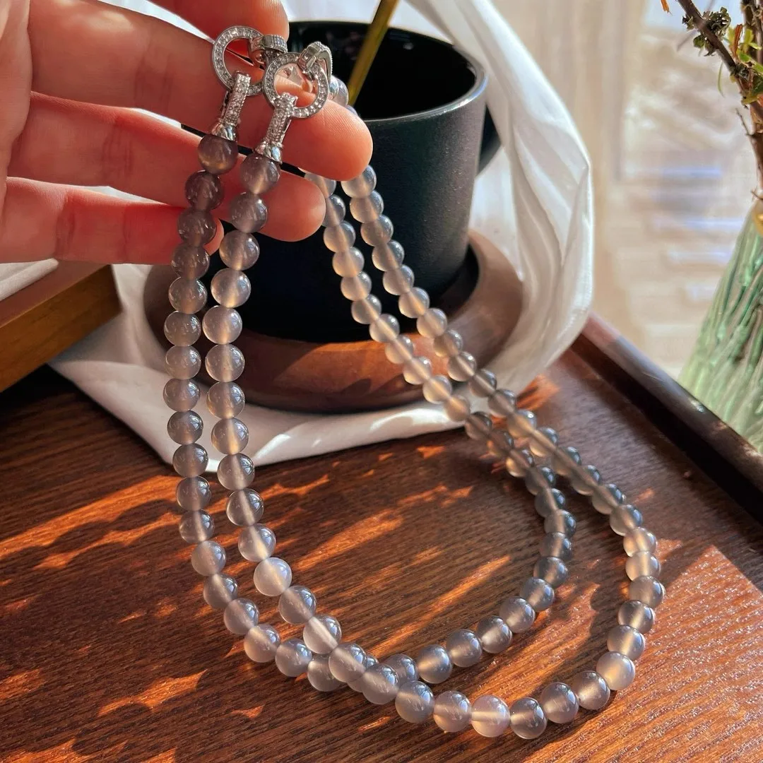 

8Mm ice-through glass natural smoke gray chalcedony necklace