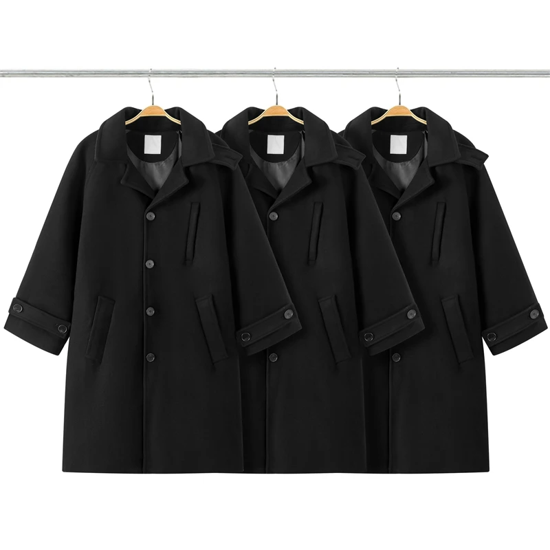 

New Black Woolen Long Coat Jackets Men Women Windproof Warm Jacket Harajuku