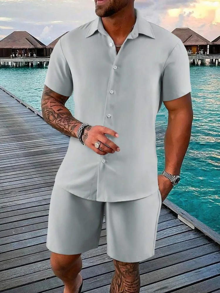 Solid Color Men's Short-sleeved Shirt And Shorts Set Summer Daily Fashion Men's Short-sleeved Urban Street Men's Casual Shorts