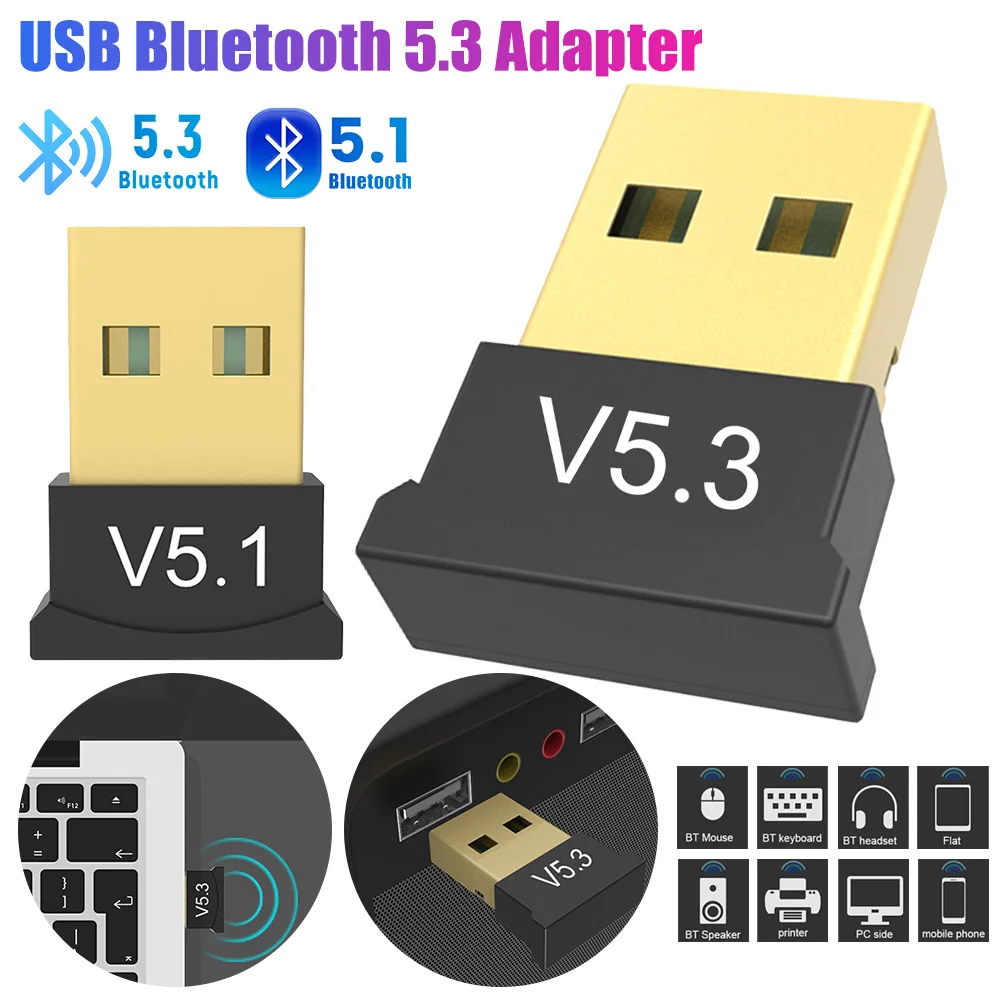 USB Bluetooth 5.3 Adapter Receiver Transmitter Bluetooth Audio Bluetooth 5.1 Dongle Wireless USB Adapter for Computer PC Laptop