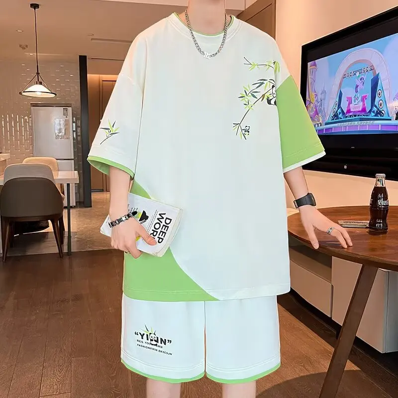 新しい中国風カジュアルスポーツセットメンズ夏半袖tシャツショーツマッチングトレンディインワンピースユースポリエステル