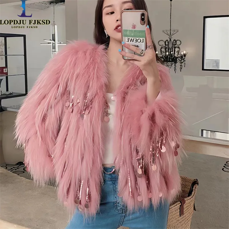 Faux Fur Coat for Women, Sequins Jacket, Loose Spliced Overcoat, Covered Button, Female Winter Coat, New