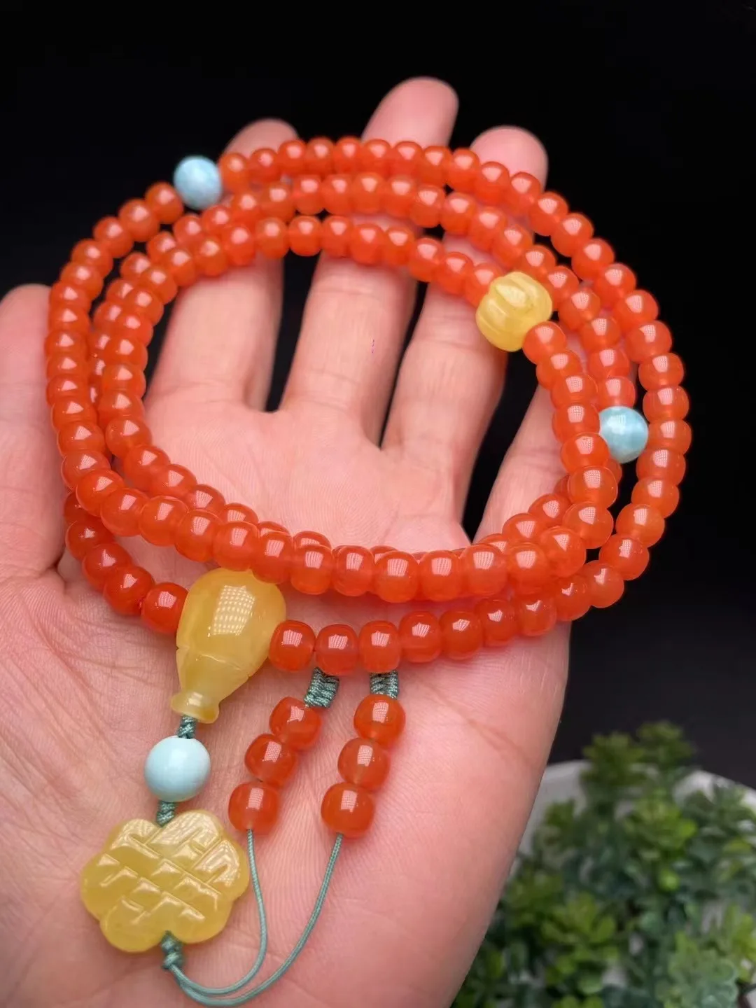 New natural yellow amber bracelet Carving Southern Red Agate round beads Buddhist jewelry Sweater chain Multi loop bracelet