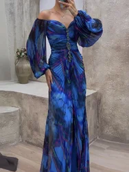 V Neck Women Party Floor-Length Dresses Female Print Patchwork Long Sleeve Dress Spring Summer Elegant Maxi Dress 2024 Vestido