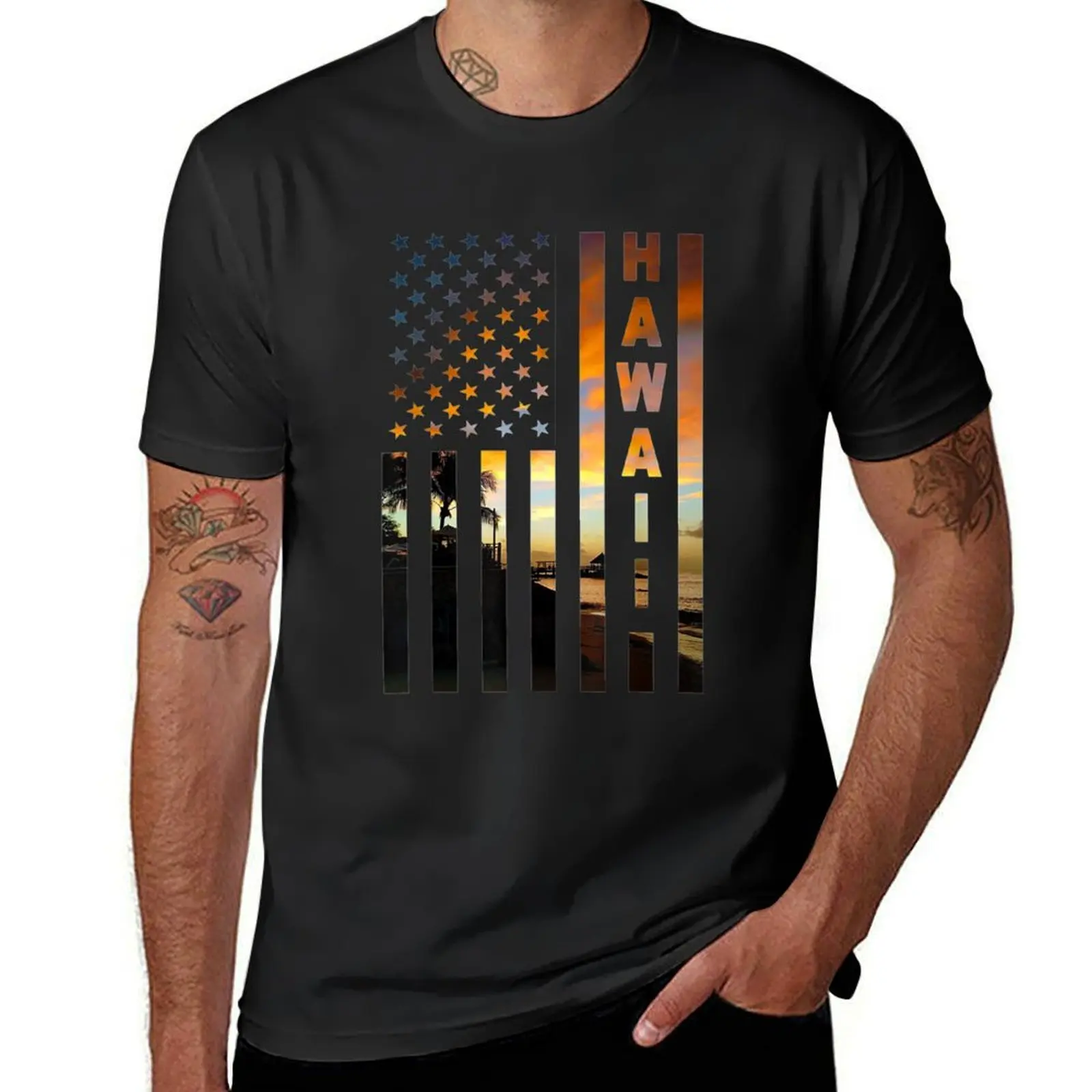 

Hawaiiunset American Flag Honolulu Hawaiian Island T-Shirt aesthetic clothes plus sizes heavyweights plain t shirts men