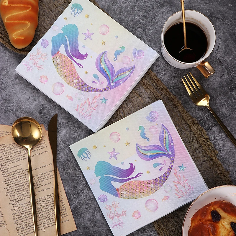 

New Mermaid Printing Paper Napkins Cartoon Birthday Party Colourful Napkins Wedding Party Paper Placemat 2-Ply 20pcs/pac 33*33cm