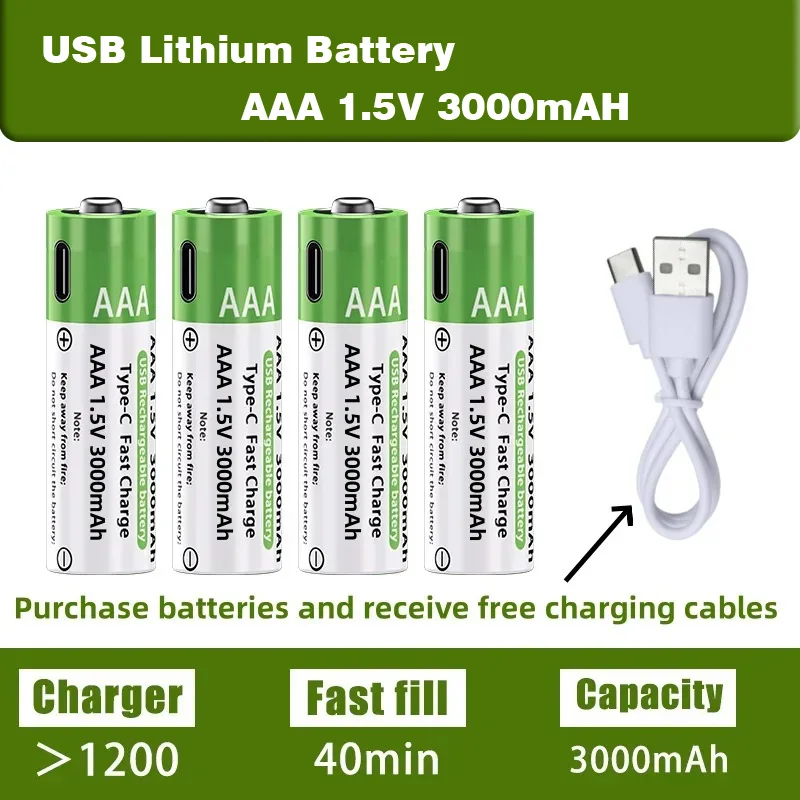 

USB AAA Rechargeable lithium Battery 3000Mah Large Capacity 1.5V Suitable for Remote Control/Camera/Mouse, Type-C Fast Charging