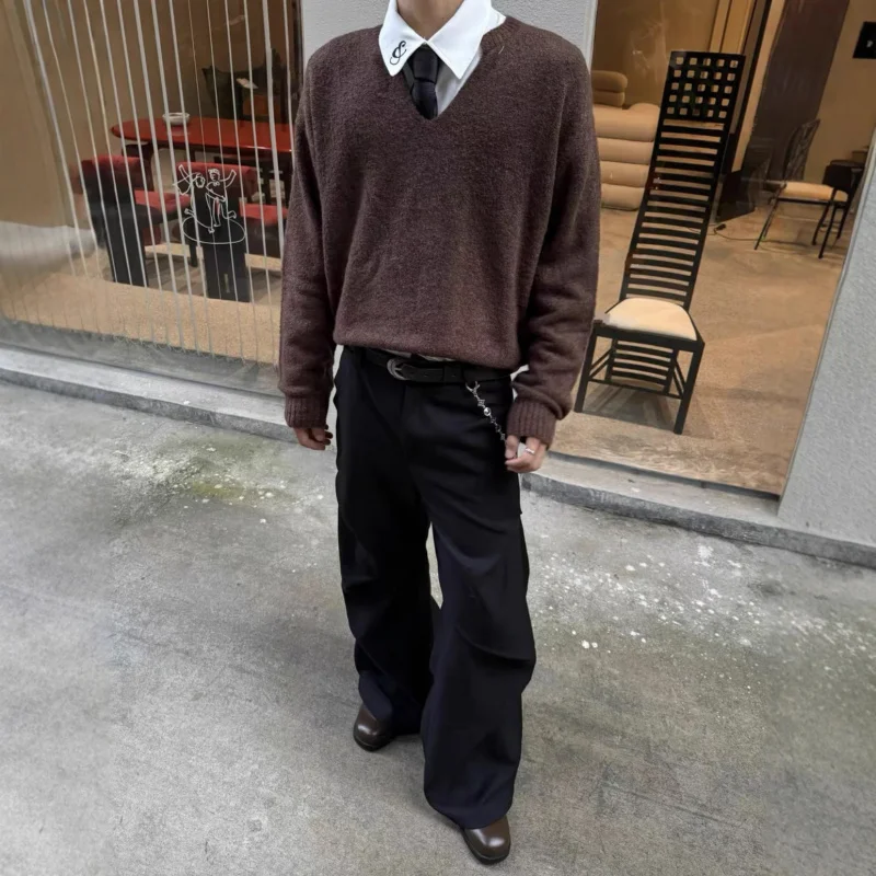 سلع عالية 「Wool Blend」 سترة صوفية ذات ياقة V للرجال، للخريف والشتاء، نمط كسول، ملابس تريكو ملونة