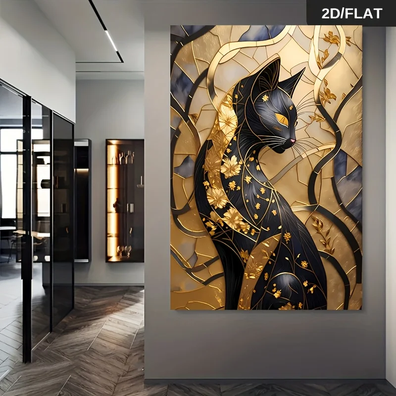 1pc frameless Canvas Painting 2D/Flat Extra Large Modern Abstract Balck Cat Canvas Wall Art, Frameless Artwork on Canvas, for Li